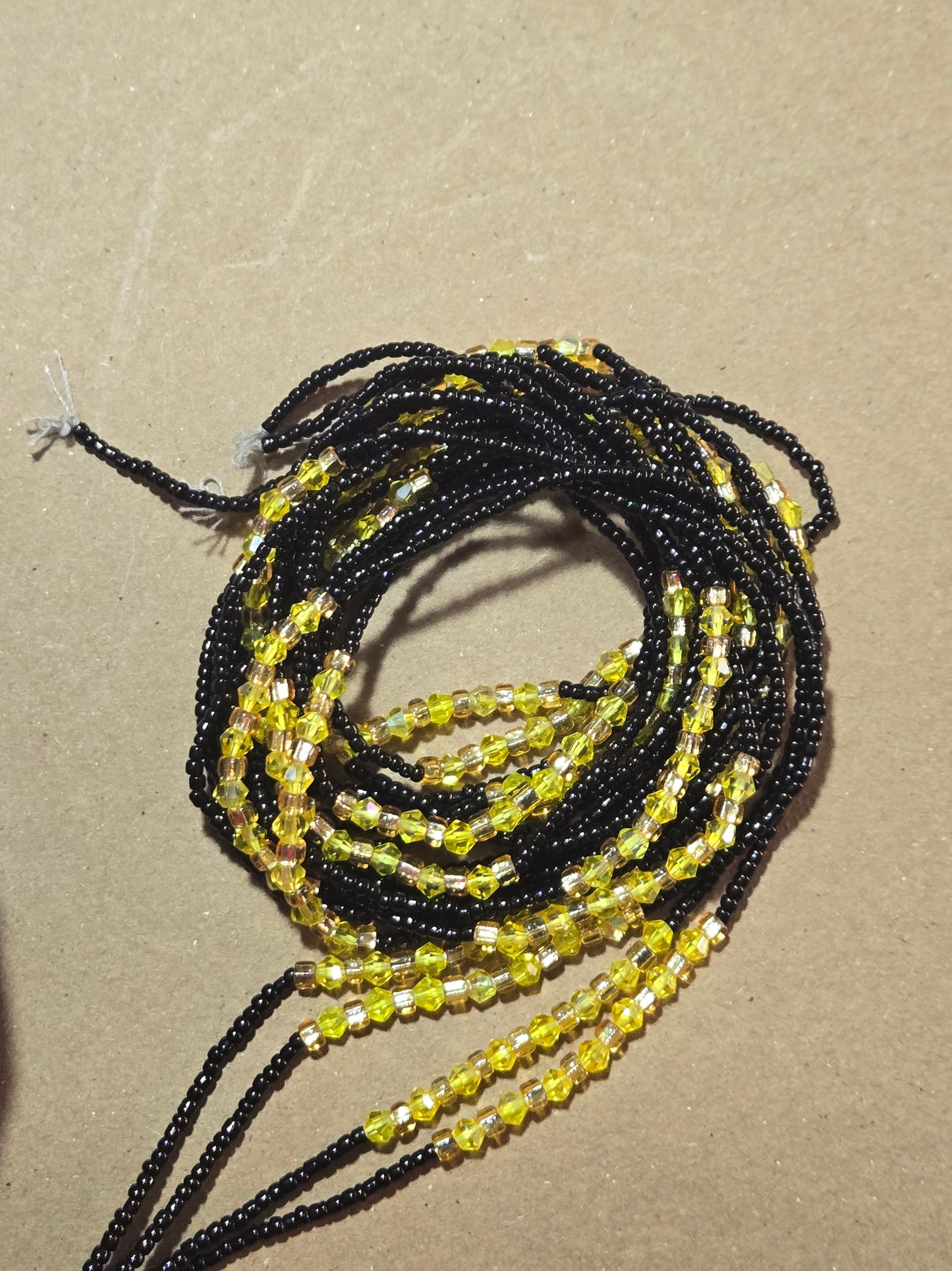 Black Waist Beads with Yellow Crystals – Handmade African Tie-On