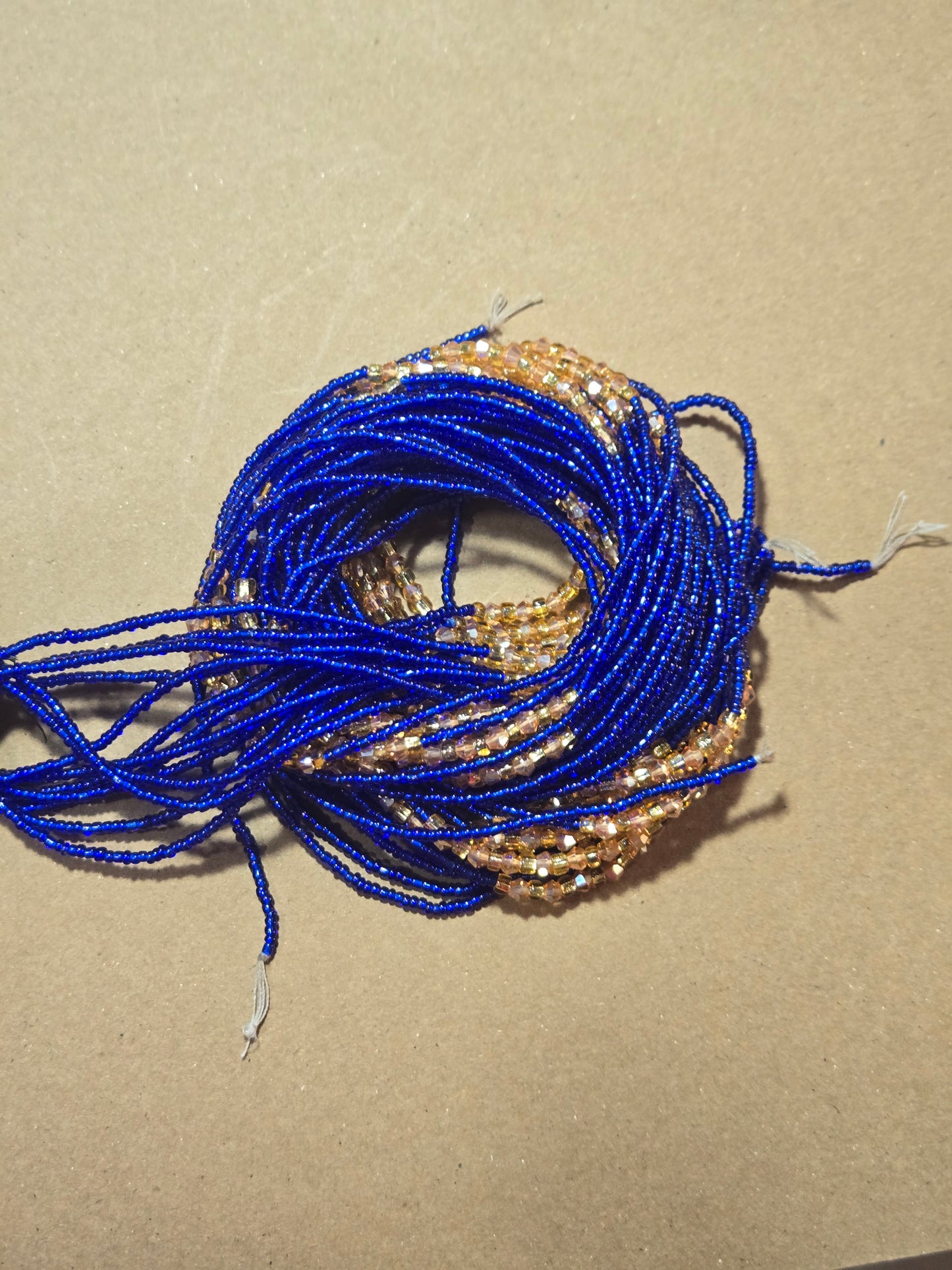 Blue Waist Beads with Gold Crystals – Handmade African Tie-On