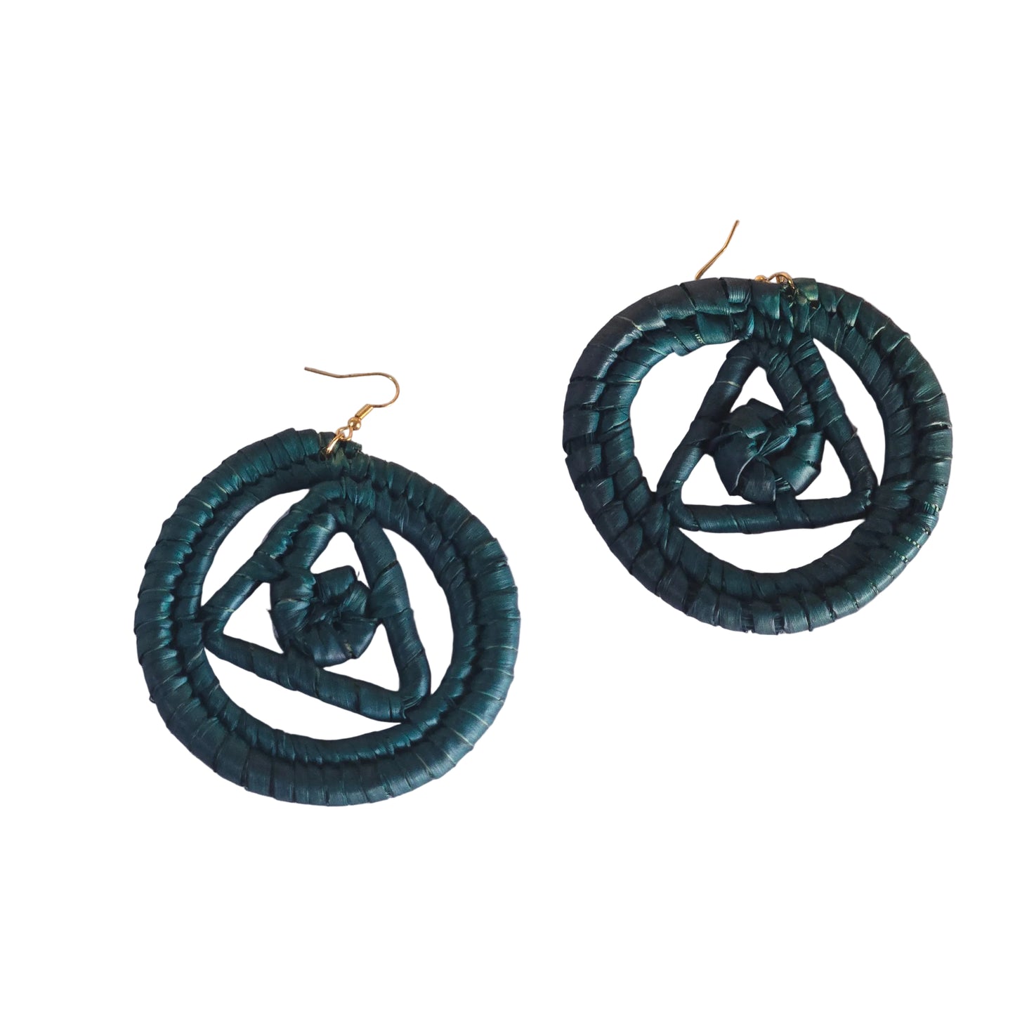 Teal hoop raffia earrings with gold accents