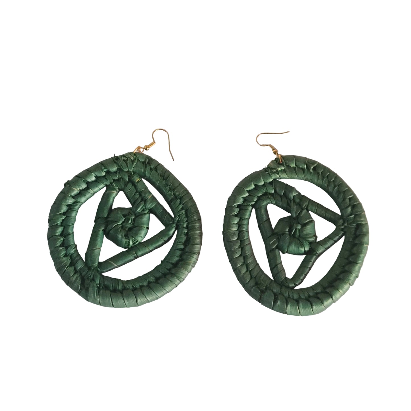 Green circular raffia earrings