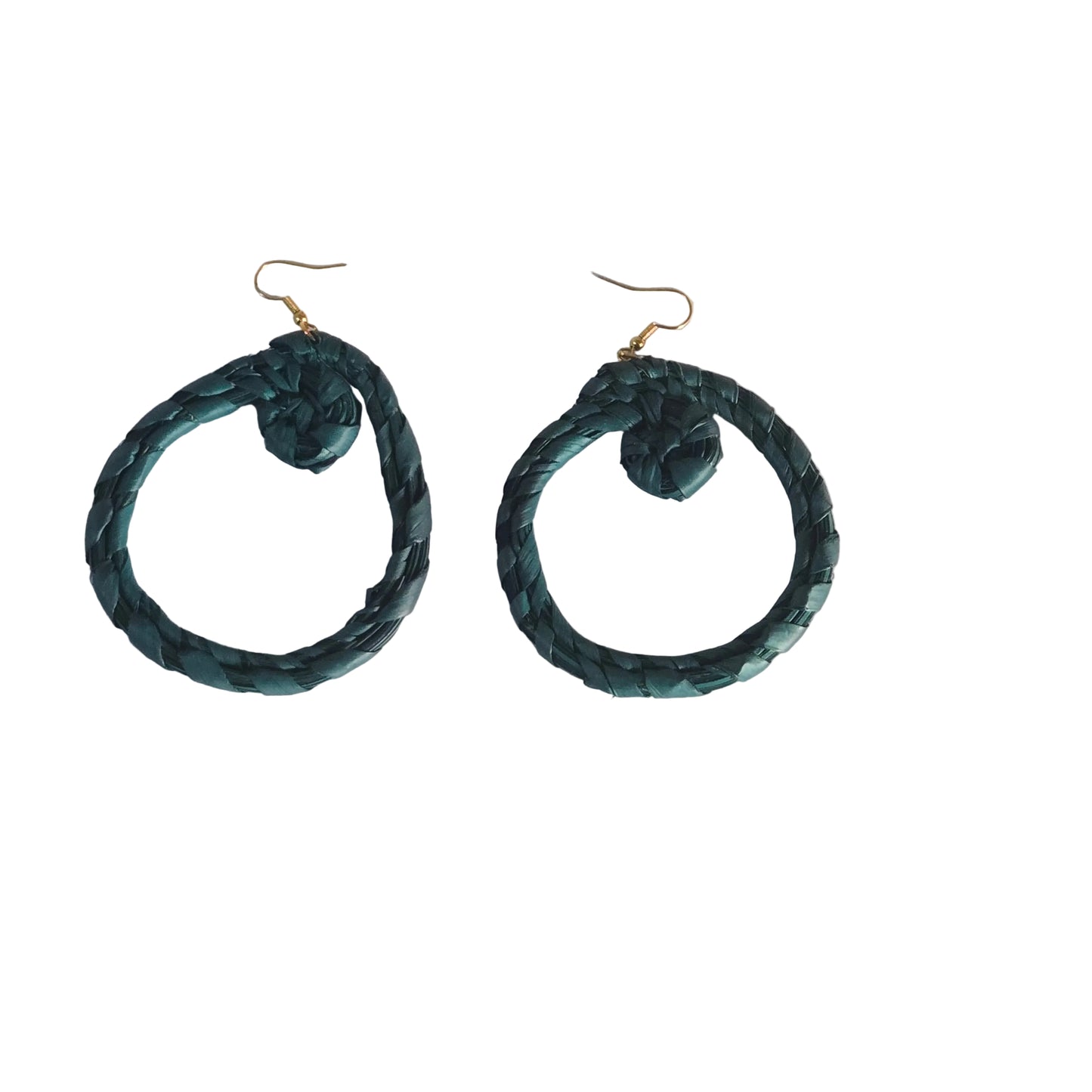 Pair of green braided hoop raffia earrings