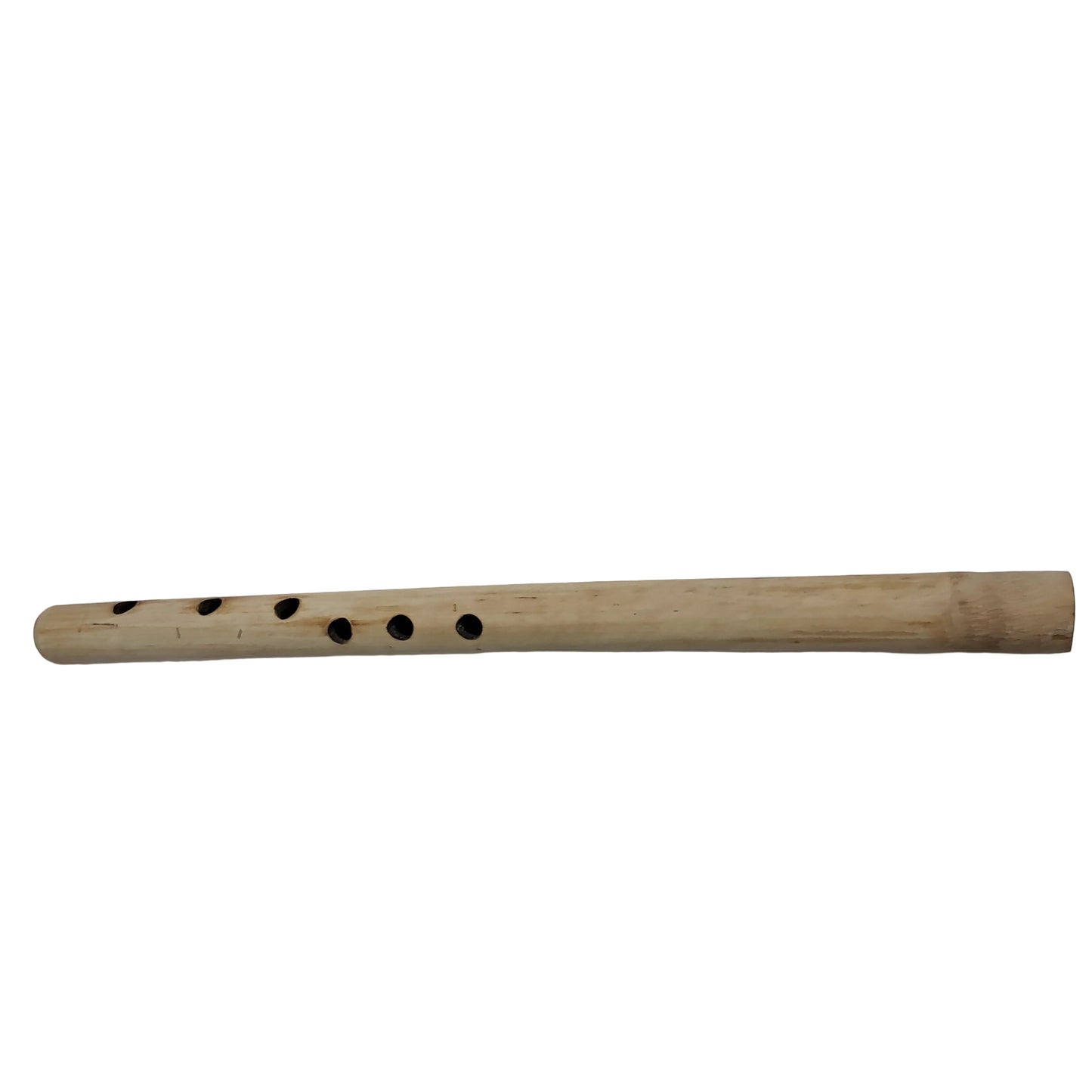A natural bamboo flute headjoint with five finger holes, shown horizontally on a plain light gray background.