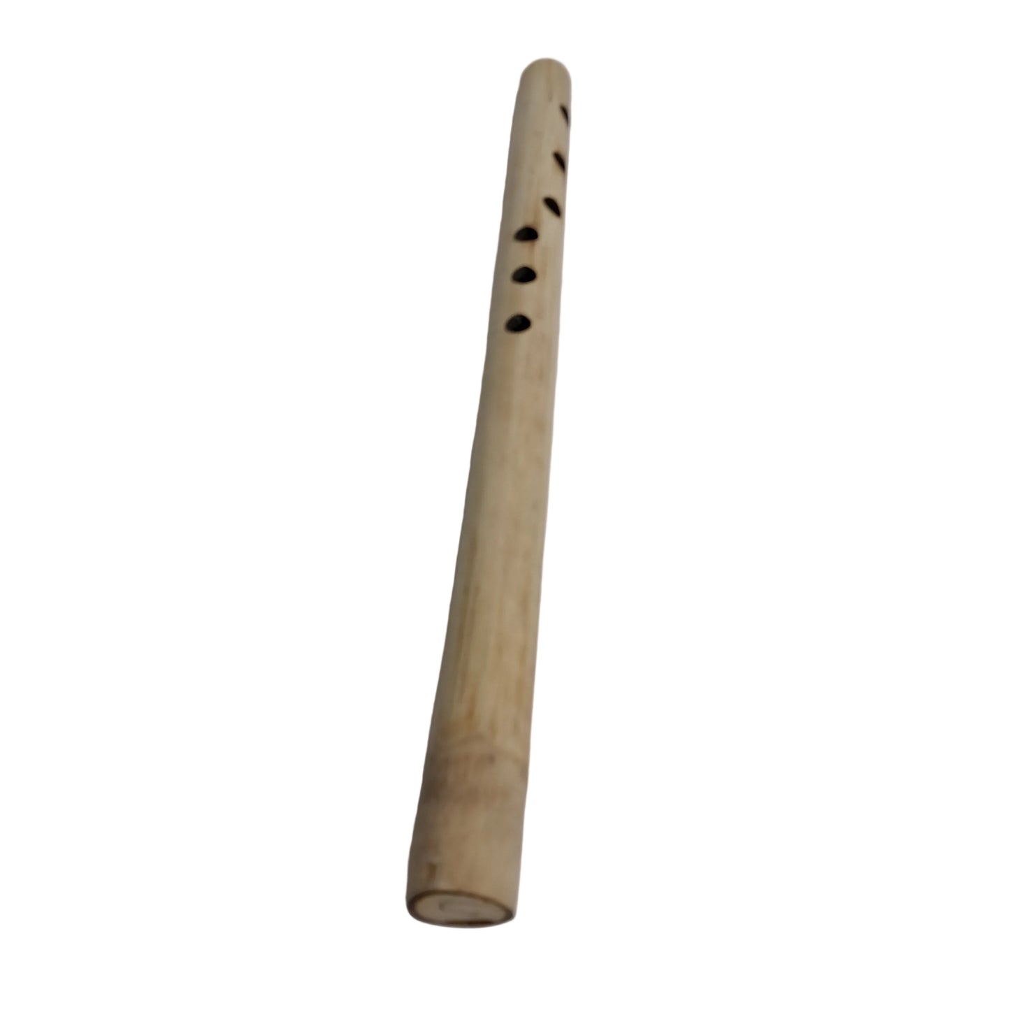A natural bamboo flute with several black finger holes, shown diagonally on a plain light gray background.