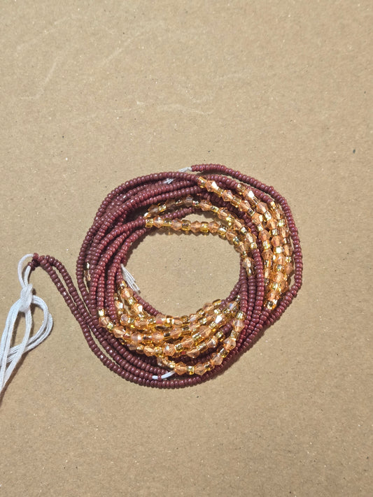 Brown Waist Beads with Gold Crystals – Handmade African Tie-On