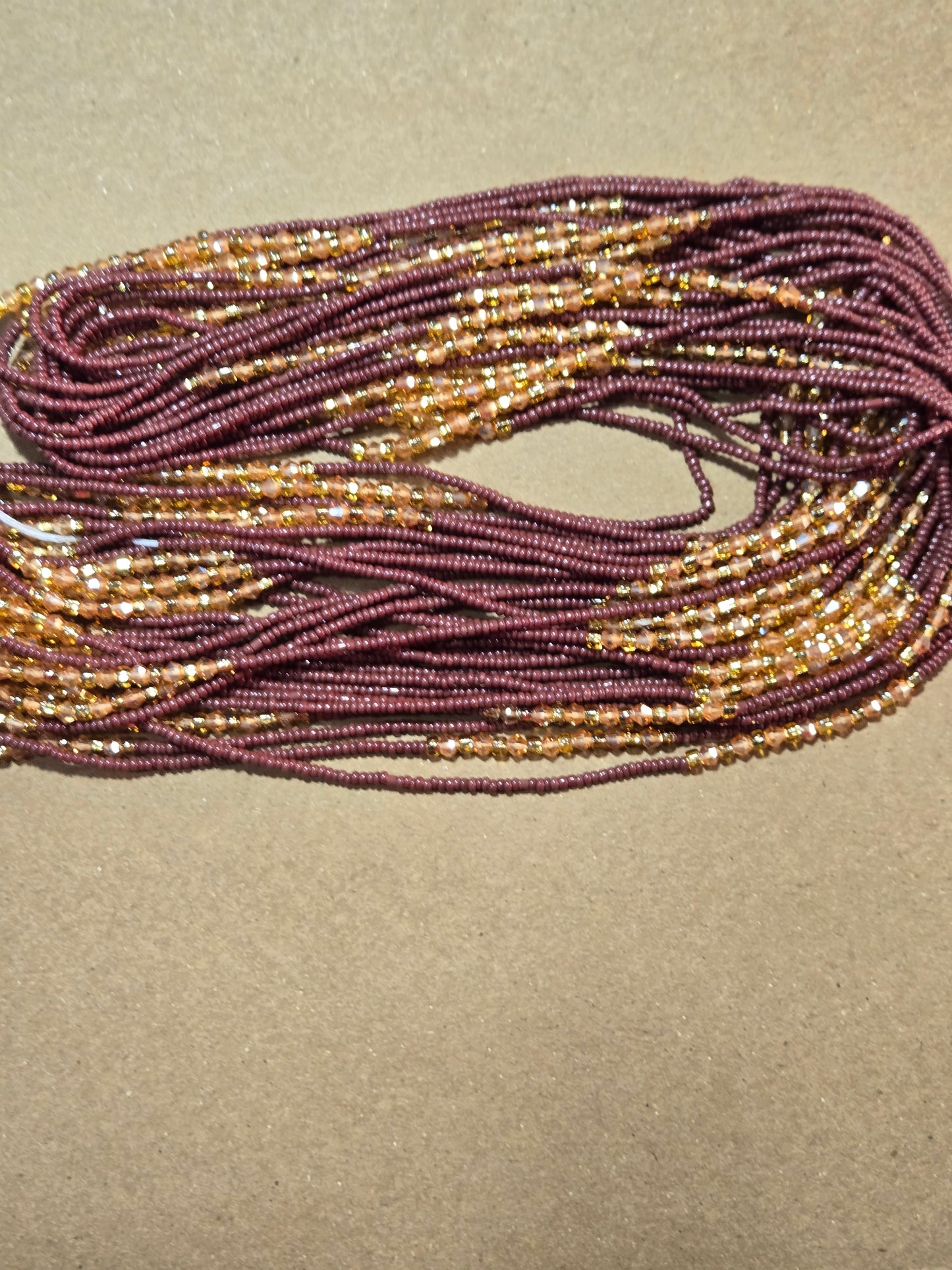 Brown Waist Beads with Gold Crystals – Handmade African Tie-On