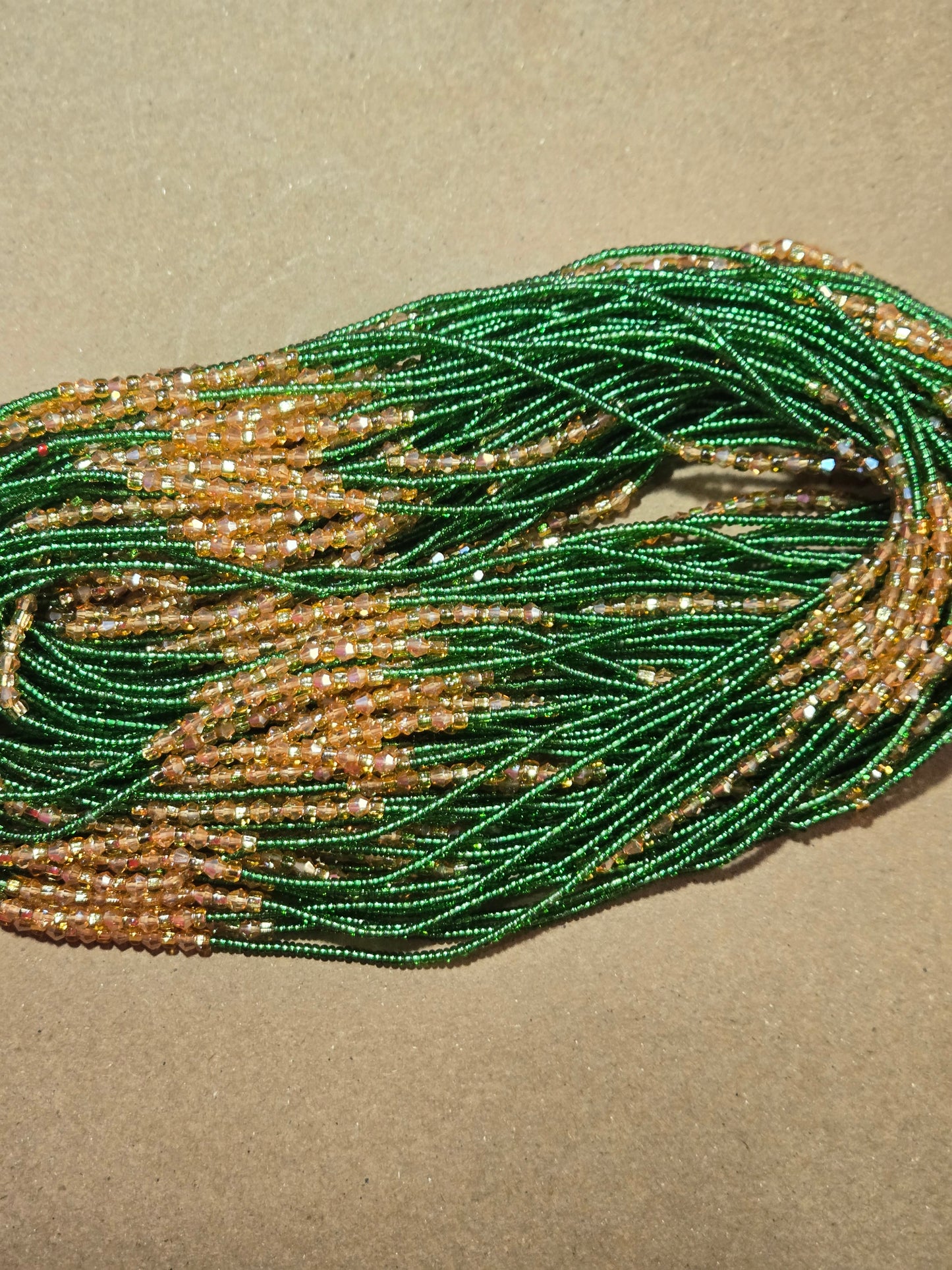 Green Waist Beads with Gold Crystals – Handmade African Tie-On