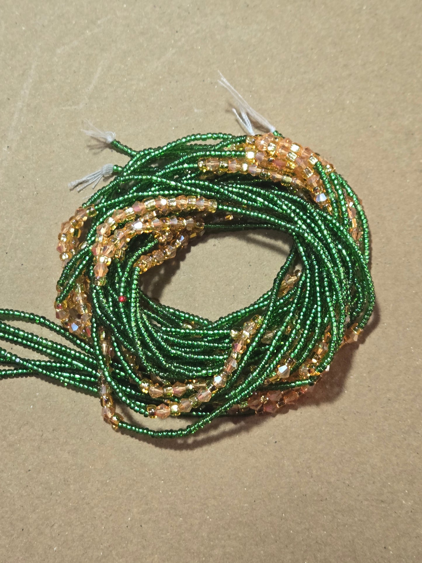 Green Waist Beads with Gold Crystals – Handmade African Tie-On