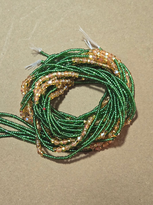 Green Waist Beads with Gold Crystals – Handmade African Tie-On
