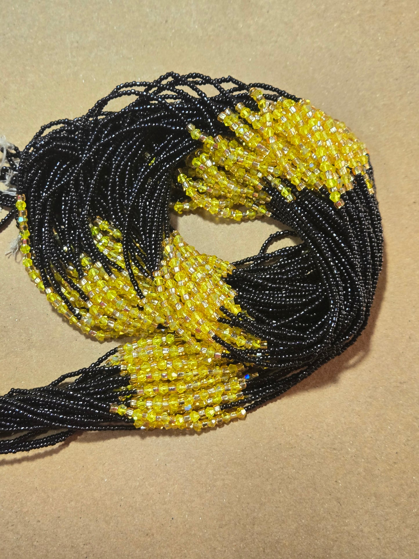 Black Waist Beads with Yellow Crystals – Handmade African Tie-On