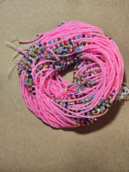 Pink Waist Beads with Multicolor Crystals – Handmade African Tie-On, 45 Inches