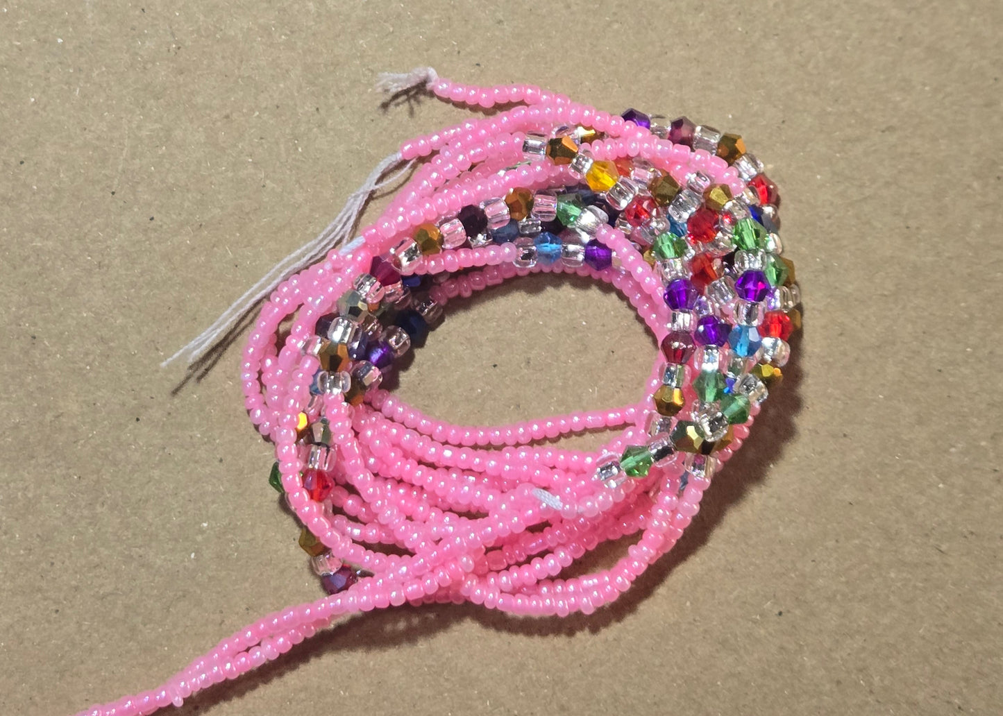 Pink Waist Beads with Multicolor Crystals – Handmade African Tie-On, 45 Inches