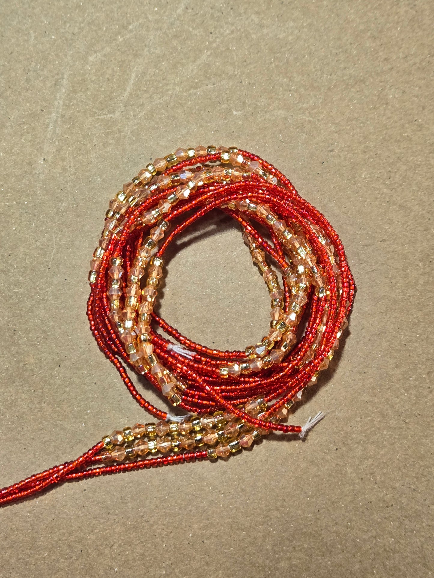 Red Waist Beads with Gold Crystals – Handmade African Tie-On