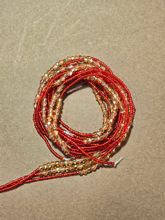 Red Waist Beads with Gold Crystals – Handmade African Tie-On