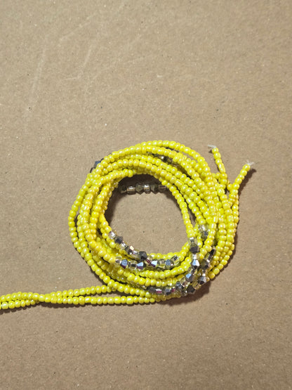 Yellow Waist Beads with Silver Crystals – Handmade African Tie-On