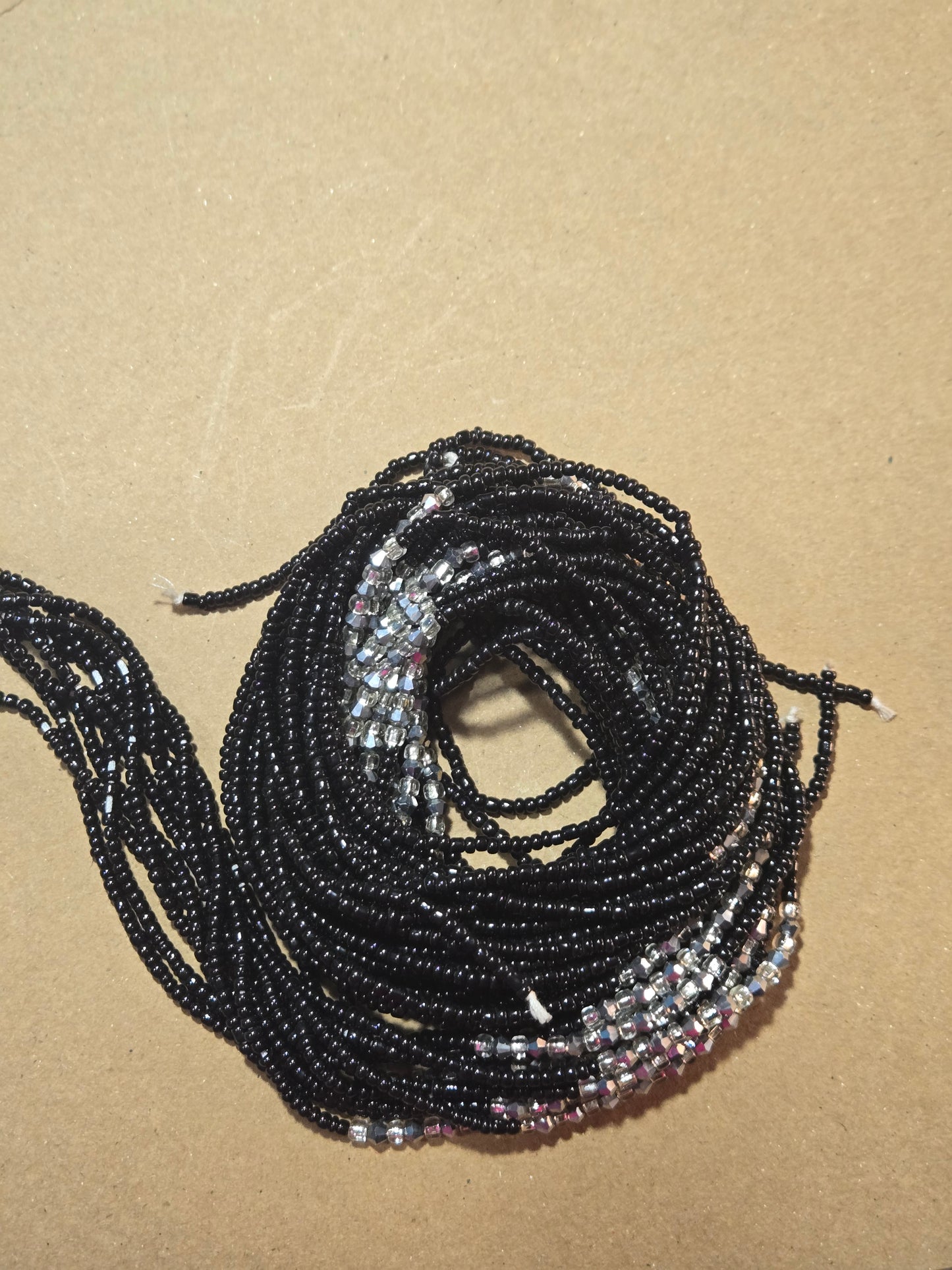 Black Waist Beads with Silver Crystals – Handmade African Tie-On