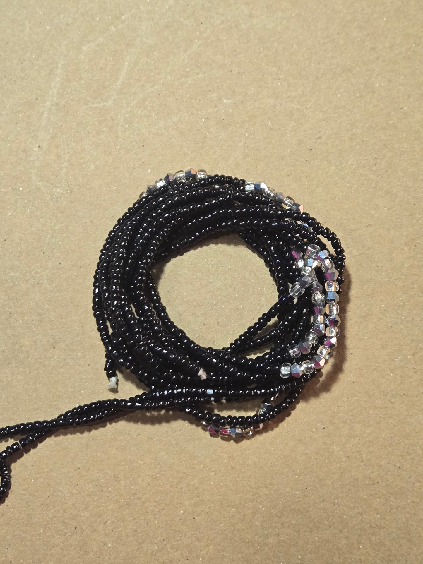 Black Waist Beads with Silver Crystals – Handmade African Tie-On