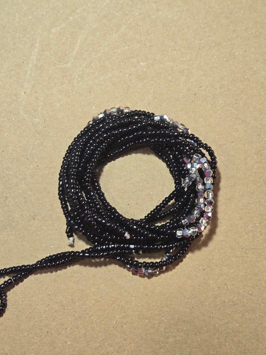 Black Waist Beads with Silver Crystals – Handmade African Tie-On