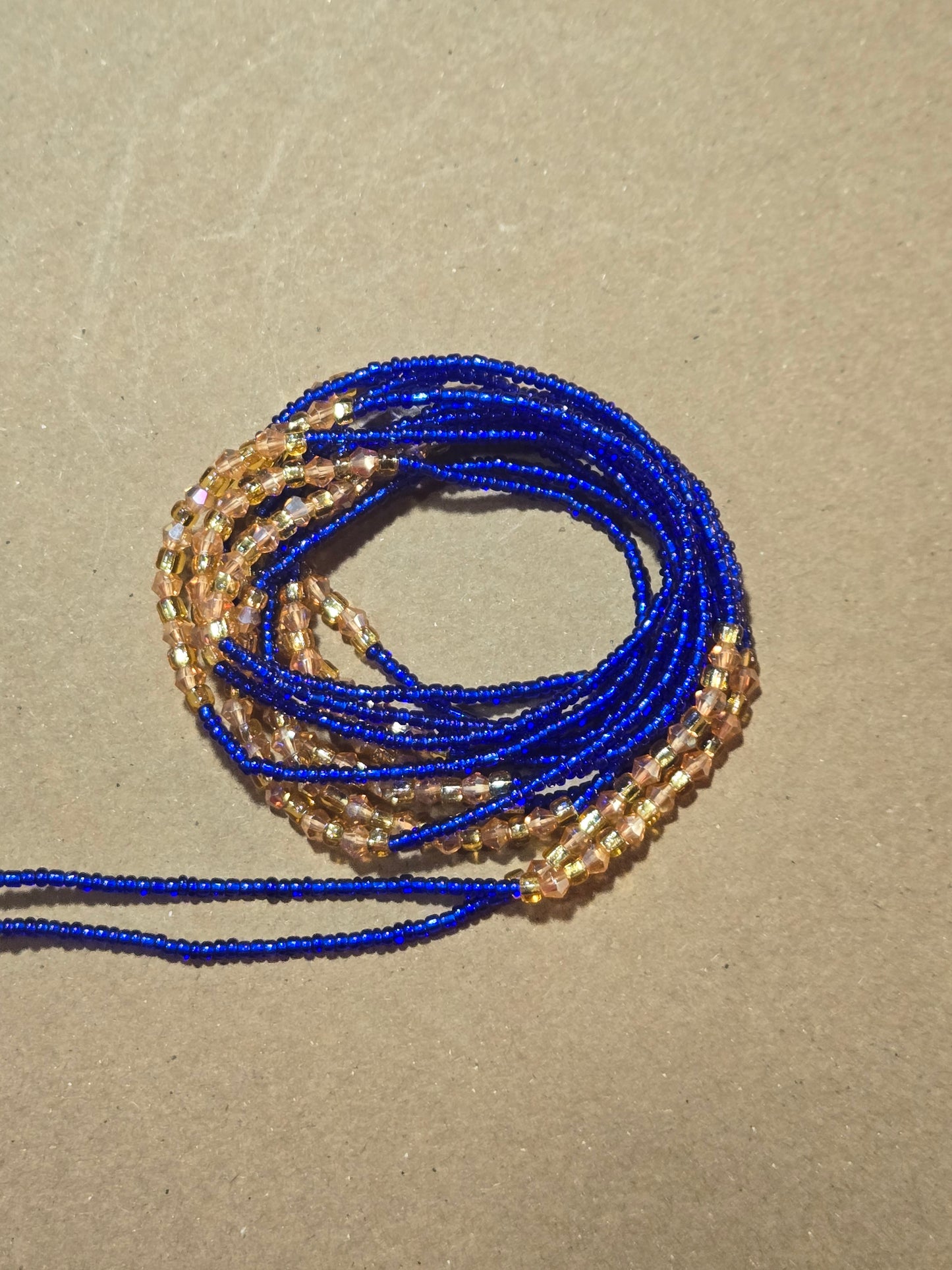Blue Waist Beads with Gold Crystals – Handmade African Tie-On
