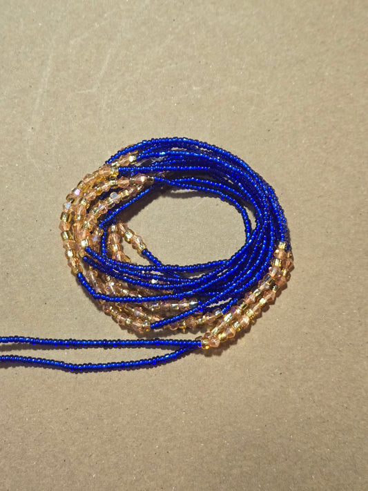Blue Waist Beads with Gold Crystals – Handmade African Tie-On