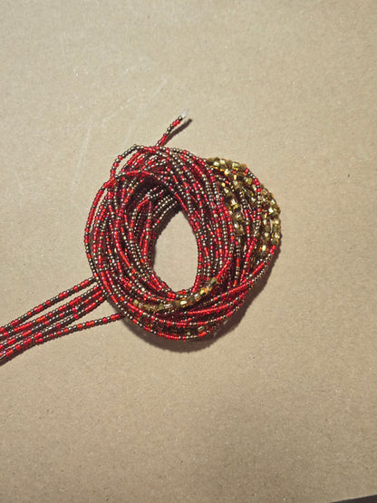 Red and Brown Waist Beads with Gold Crystals – Handmade African Tie-On