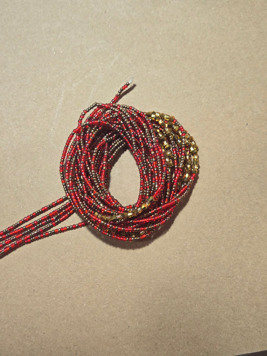 Red and Brown Waist Beads with Gold Crystals – Handmade African Tie-On