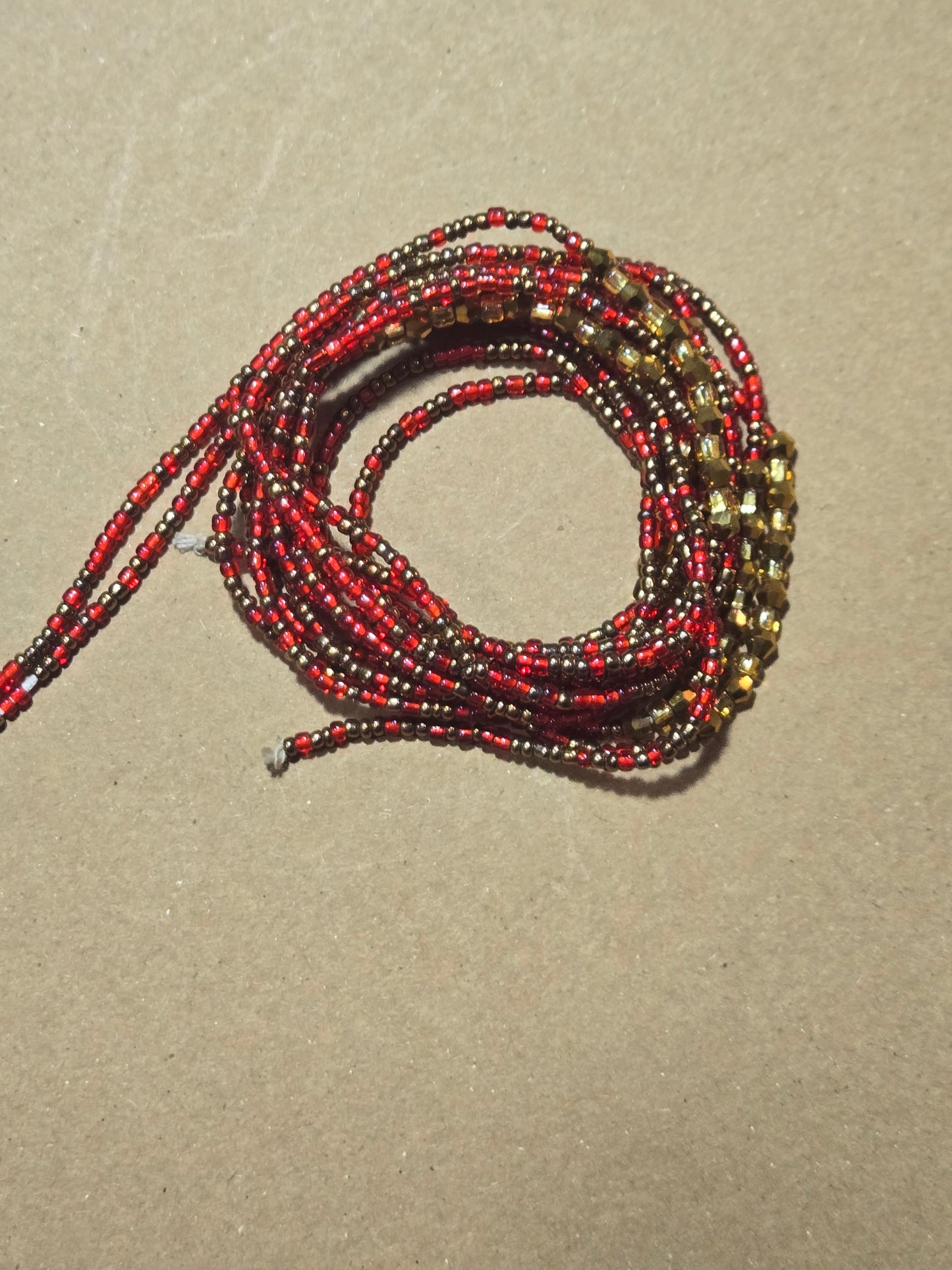 Red and Brown Waist Beads with Gold Crystals – Handmade African Tie-On