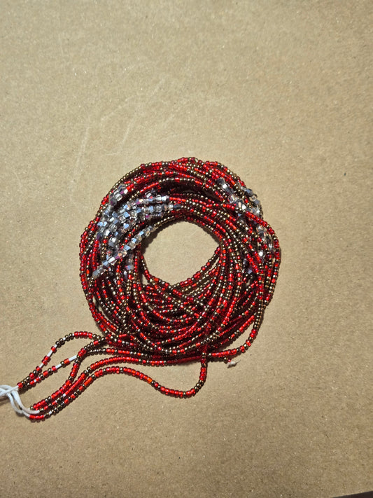 Red and Brown Waist Beads with silver Crystals – Handmade African Tie-On