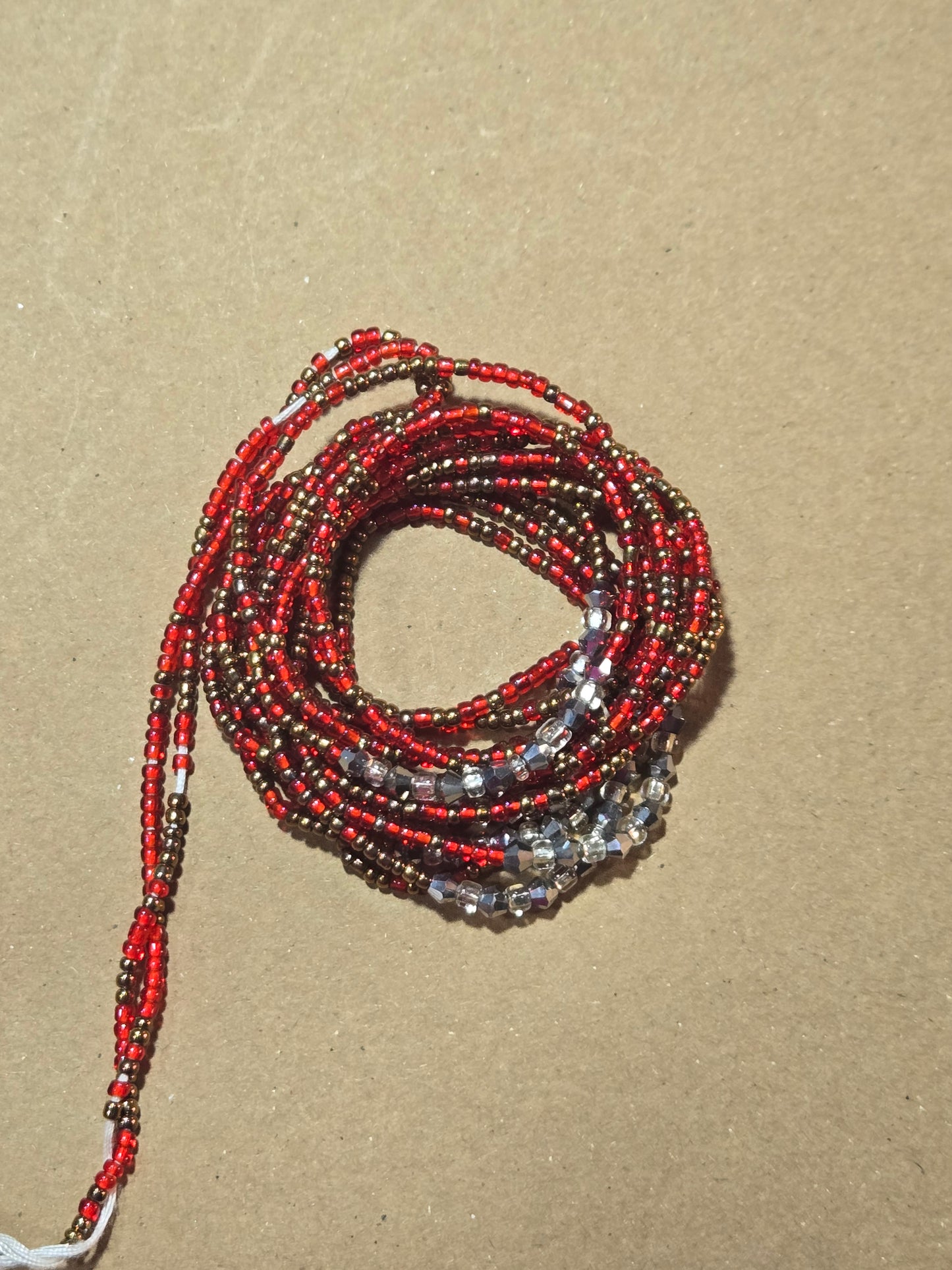 Red and Brown Waist Beads with silver Crystals – Handmade African Tie-On
