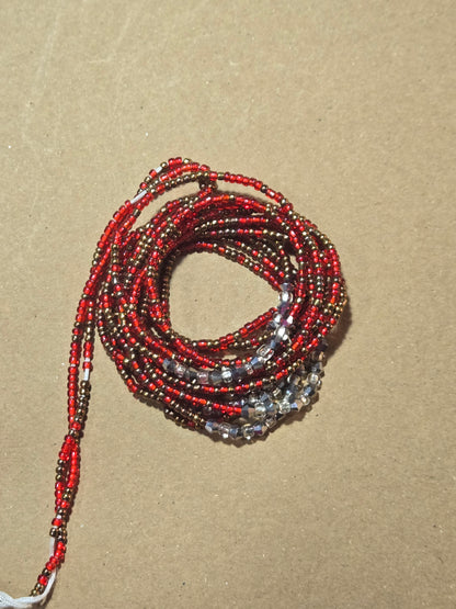 Red and Brown Waist Beads with silver Crystals – Handmade African Tie-On