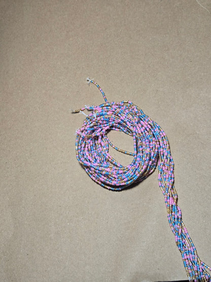 Pink, Blue and Gold Waist Beads – Handmade African Tie-On