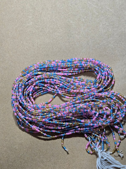 Pink, Blue and Gold Waist Beads – Handmade African Tie-On