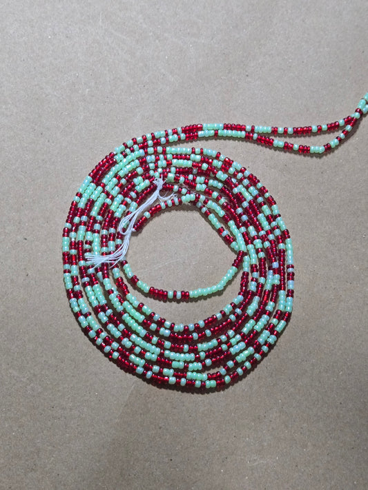 Red and Mint Green Waist Beads – Handmade African Tie-On