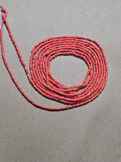 Red and drop of Gold Waist Beads – Handmade African Tie-On