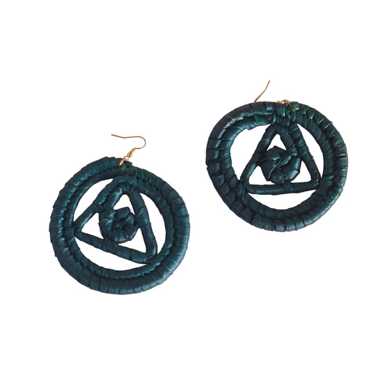 Teal hoop raffia  earrings with gold accents 