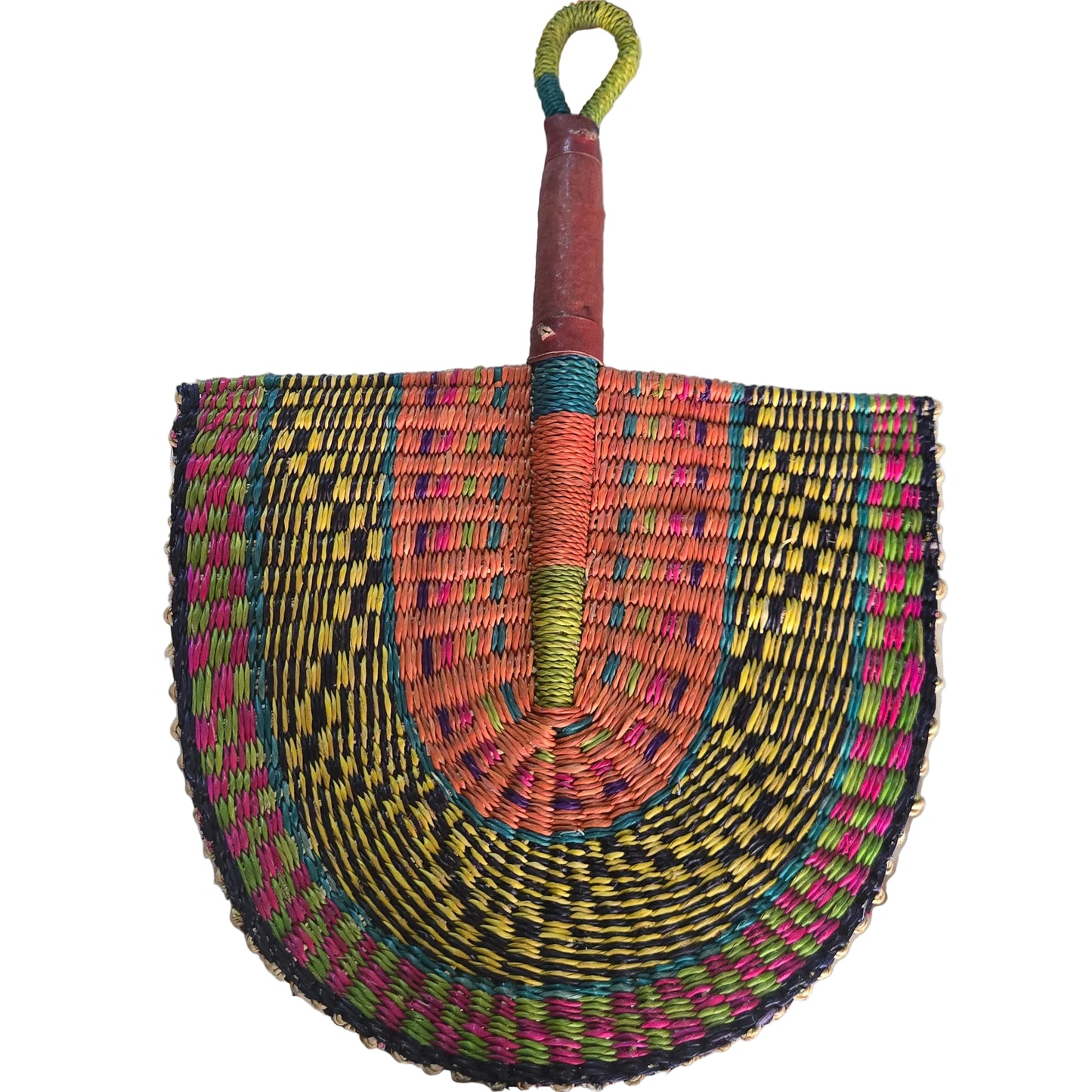 A hand-woven semicircular fan with a brown wooden handle and a colorful woven head, placed on a white plastic tub.