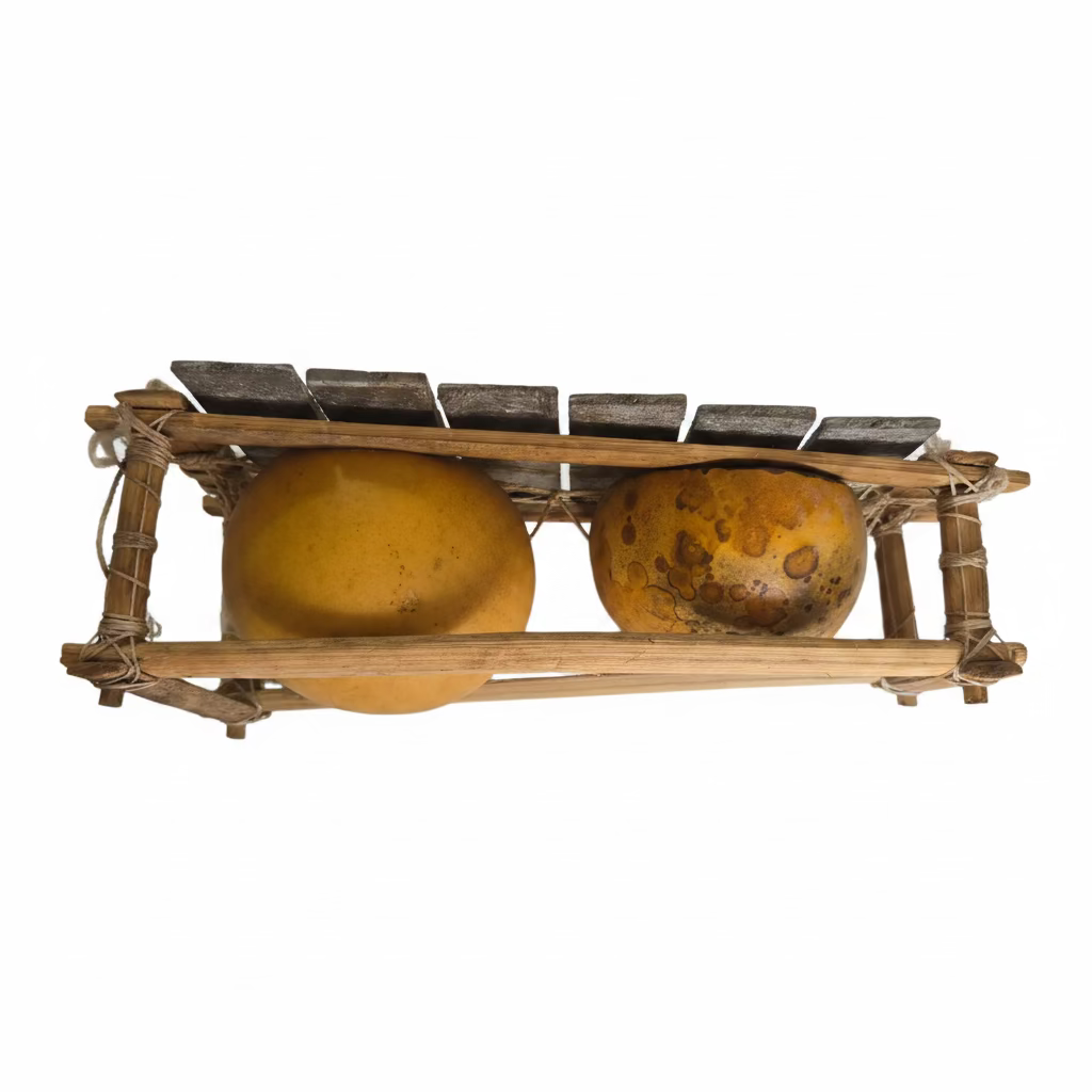 A handmade wooden and metal percussion instrument with two round yellow-orange gourds or fruit-like drums.