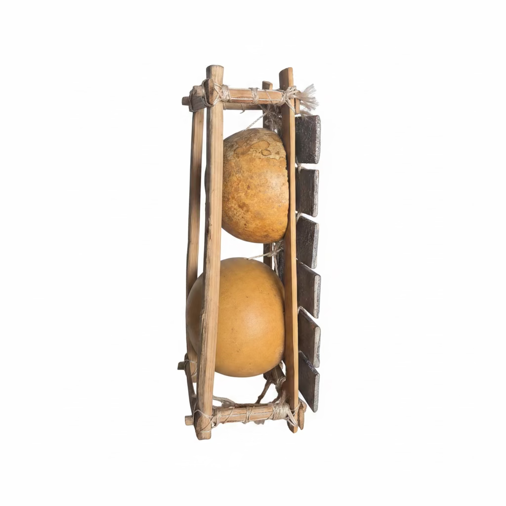A handmade double gourd harp or wind instrument made from two natural gourds in a bamboo frame, standing on a metal tray with a DHL box in the background.