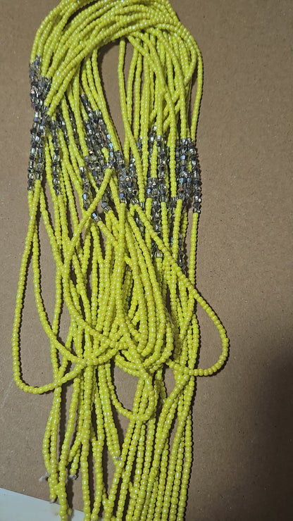 Yellow Waist Beads with Silver Crystals – Handmade African Tie-On