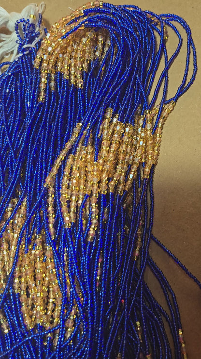 Blue Waist Beads with Gold Crystals – Handmade African Tie-On