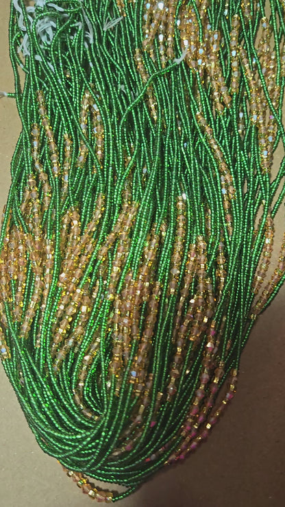 Green Waist Beads with Gold Crystals – Handmade African Tie-On
