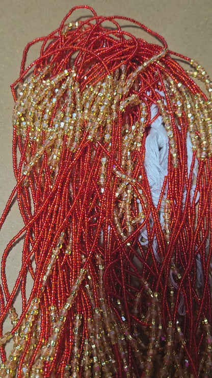 Red Waist Beads with Gold Crystals – Handmade African Tie-On
