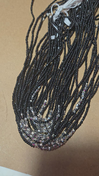 Black Waist Beads with Silver Crystals – Handmade African Tie-On