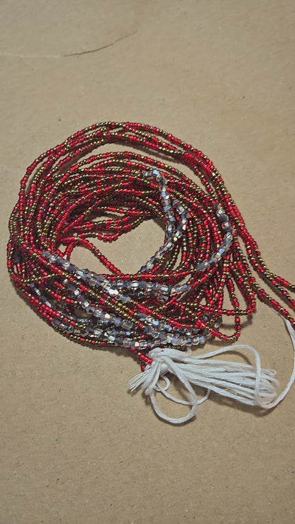 Red and Brown Waist Beads with silver Crystals – Handmade African Tie-On