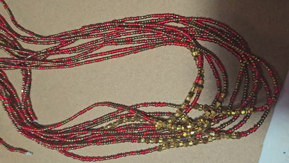 Red and Brown Waist Beads with Gold Crystals – Handmade African Tie-On