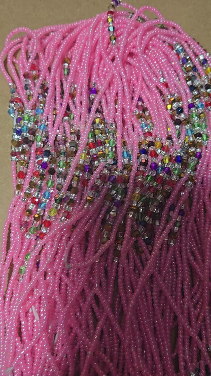 Pink Waist Beads with Multicolor Crystals – Handmade African Tie-On, 45 Inches