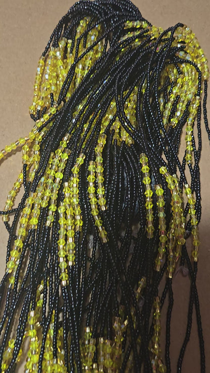 Black Waist Beads with Yellow Crystals – Handmade African Tie-On